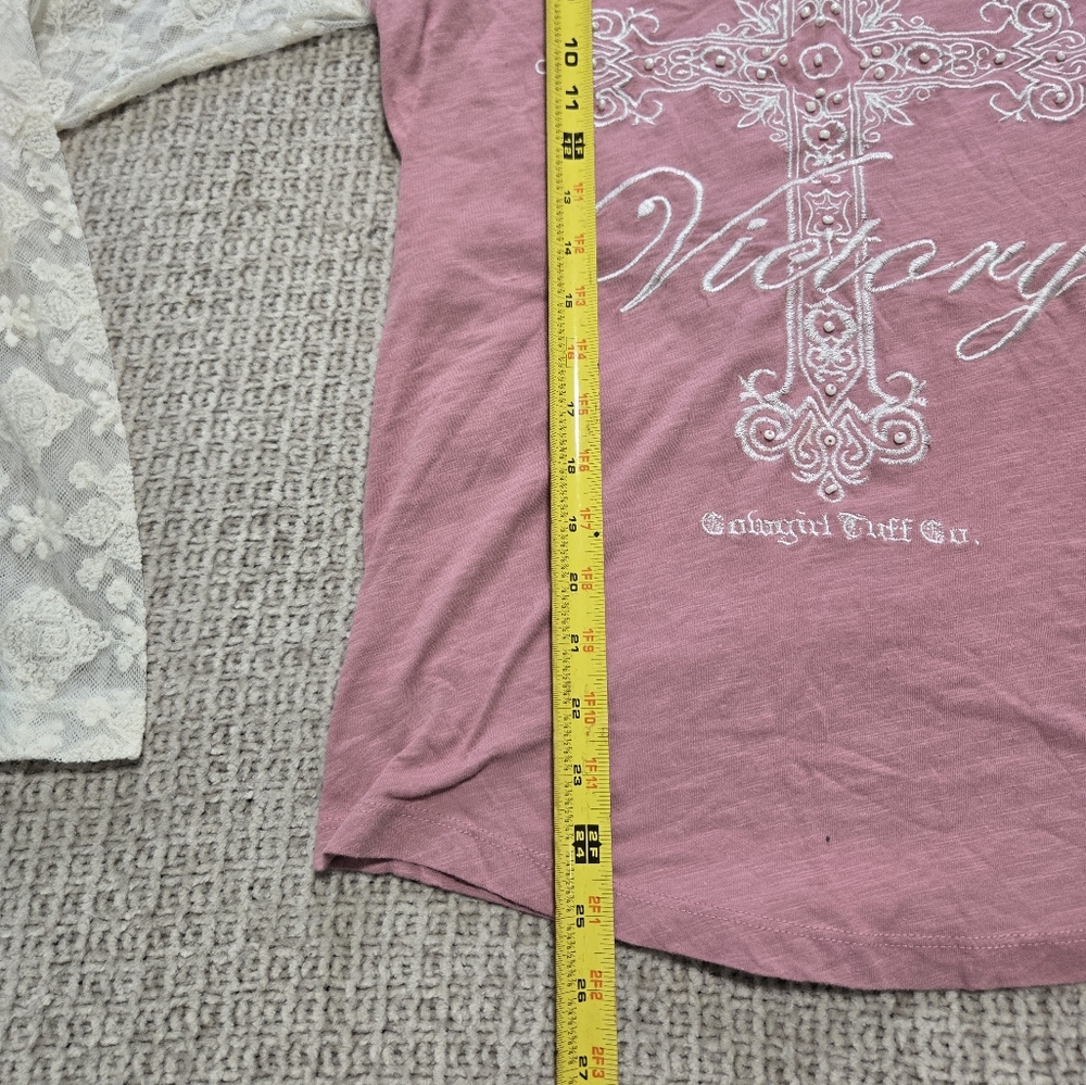 Pink and Cream Long Sleeve Top with Cross Design Lace Sleeves Size Medium - Picture 4 of 5